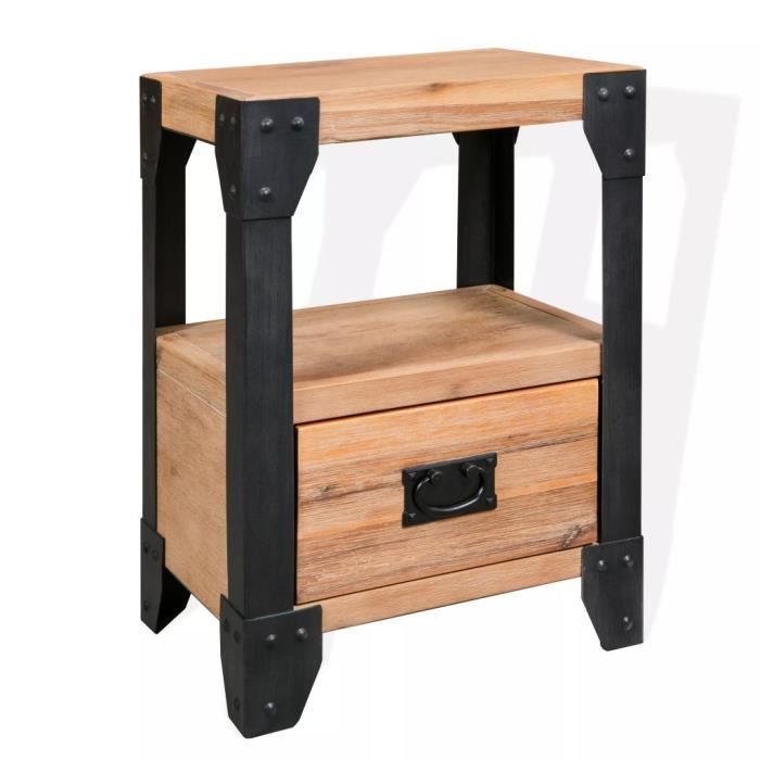 Table de chevet - vidaXL - Bois d'acacia - Acier - 40 x 30 x 54 cm - 1 tiroir et 1 étagère
