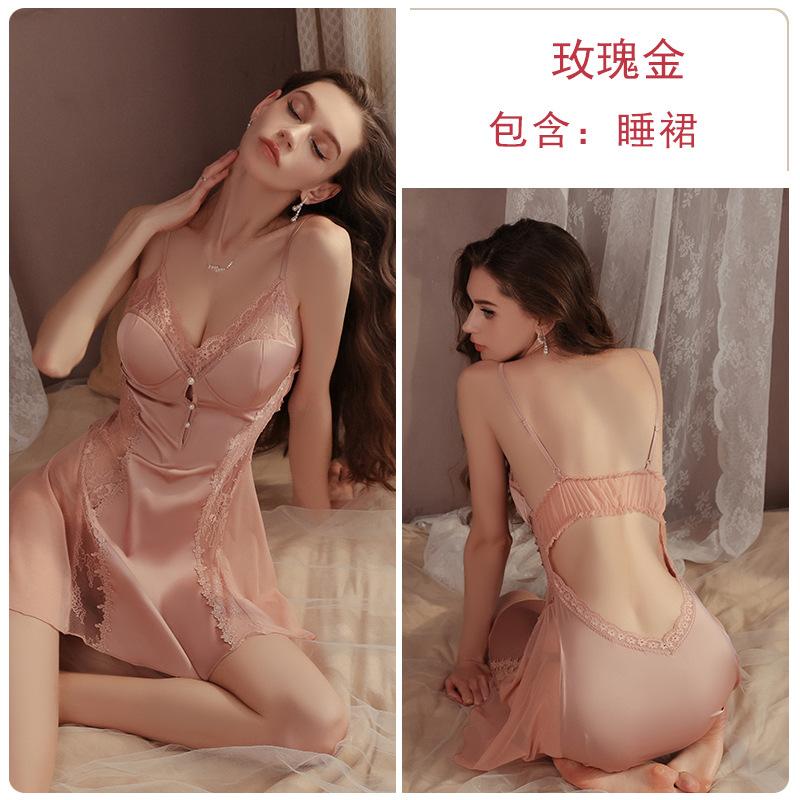 Pure desire perspective mesh underwear sexy deep V plus chest pad temptation satin nightdress robe women's suit