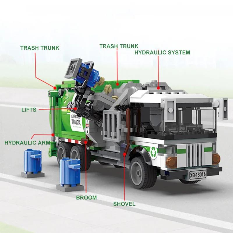 Awesome City Town Sanitation Garbage Truck Vehicle Car Building Blocks Kits Bricks Classic Model Assemble Toys for Boys Gift