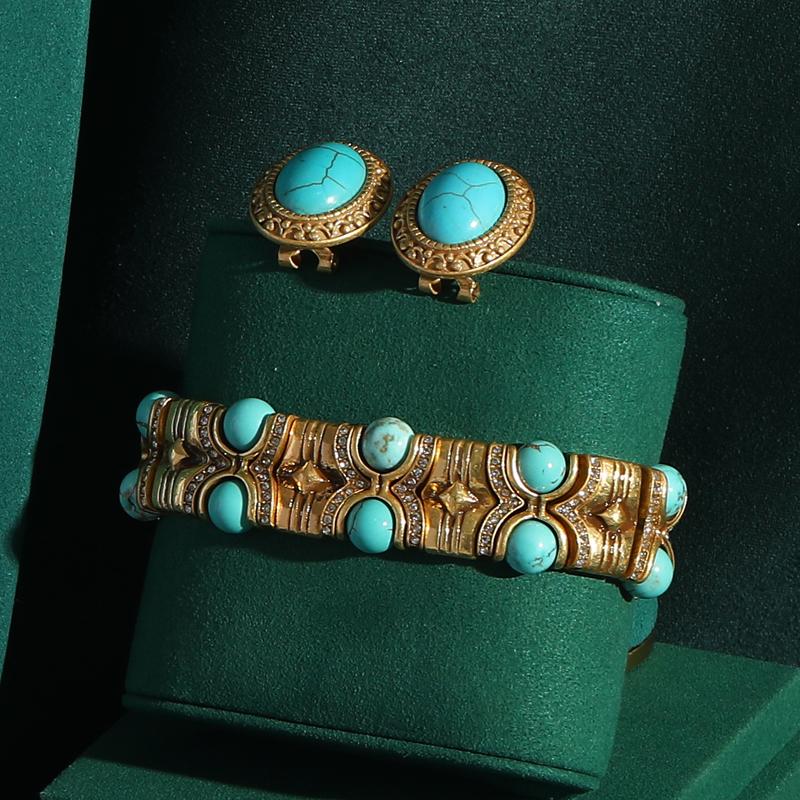 Vintage Blau Naturstein Böhmischer Stil Cameo Schönheitskopf Türkis Schmucksets Für Frau Halskette Und Ohrring Perlen Antik