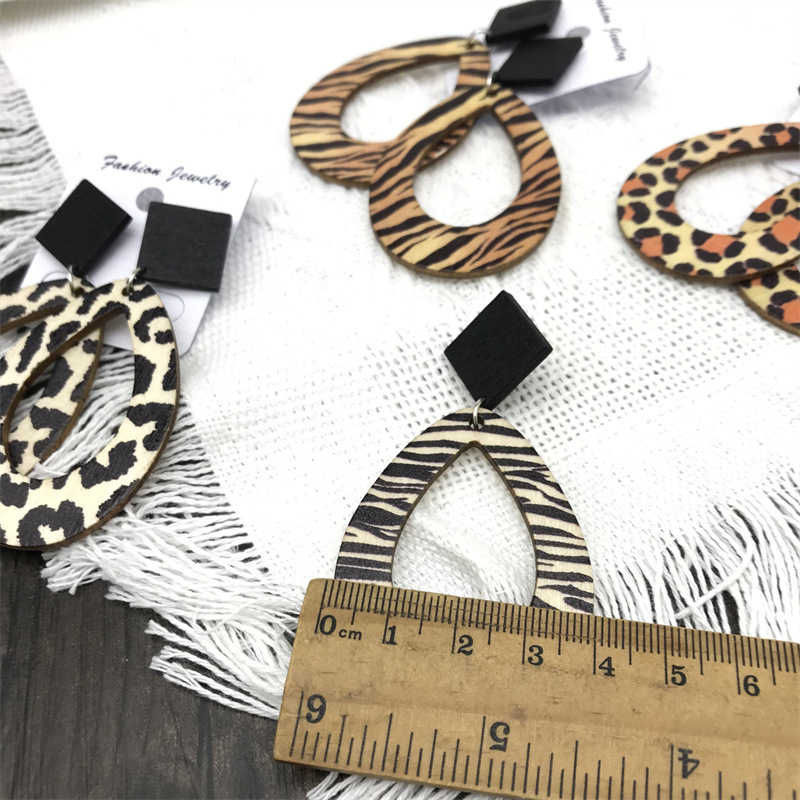 Raindrops Dangle Leopard Zebra Pattern Vintage Bohemian Style Earrings Wooden