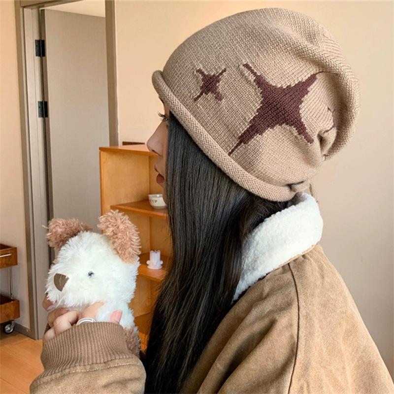 Star Pattern Curling Drawstring Beanies For Women Autumn And Winter Warm Ear Protection Versatile Retro Knitted Pullover Hats
