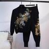 Plus Size Women's Velvet Peacock Sequin Two-Piece Set - Long Sleeve Fashion Suit for Autumn