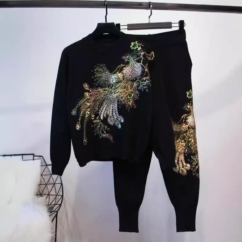 Plus Size Women's Velvet Peacock Sequin Two-Piece Set - Long Sleeve Fashion Suit for Autumn