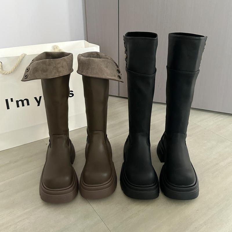 Retro vielseitige Stiefel Damen Herbst und Winter neu schwarz erhöhter dicker Absatz dicke Sohle schlanke Ritterstiefel