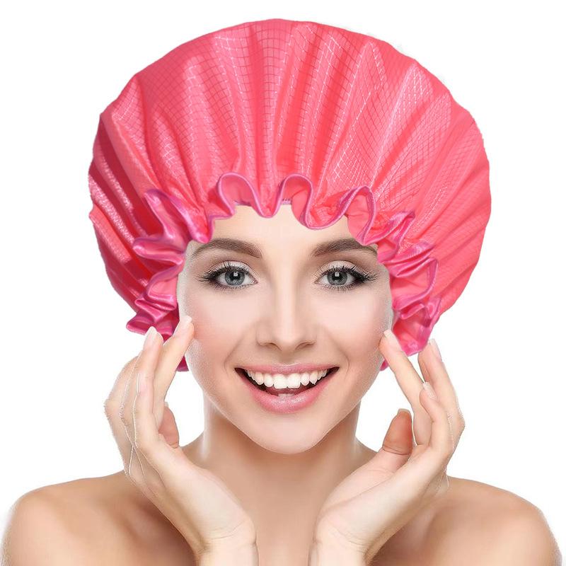 Large Female Shower Cap Solid Satin Double Layer Waterproof Bath Cap Peva Hair Baking Oil Cap Care Cap Shower Cap