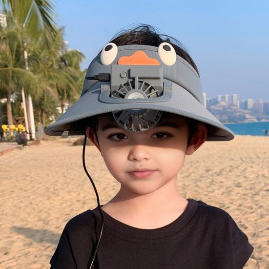 Kids Hat with Built-in Fan Cartoon Shape Oversized Brim UV-Resistant Sun Hat Cartoon Style Adjustable Wind Speed Hat