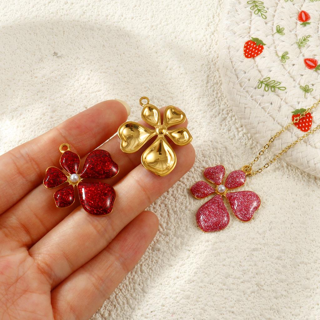 2 Pcs 304 Stainless Steel Pendants 18K Gold Plated Enamel Flower Acrylic Imitation Pearl Charms For DIY Necklace 3cm x 2.5cm