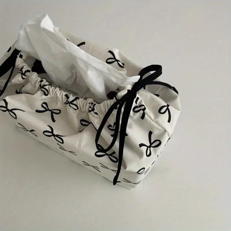 1pc Ribbon Drawstring Adjustable Tissue Bag Home Kitchen Fabric Tissue Box Fashionable Practical Home Decoration Essentials