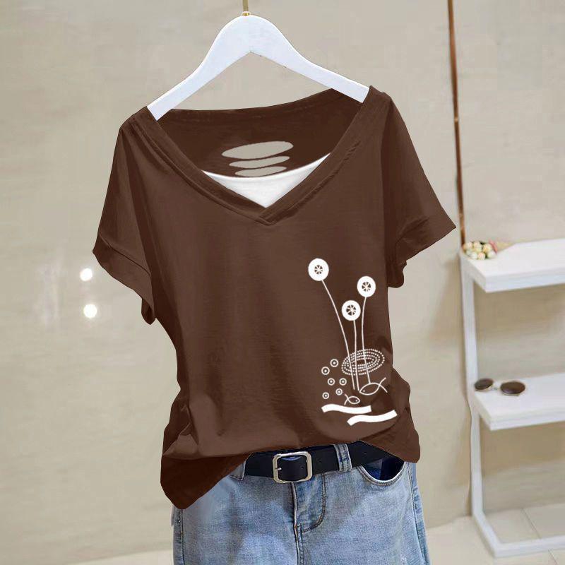 2025 Lato Damski Top Bawełniany z Dekoltem V i Dziurami - Krótki Rękaw