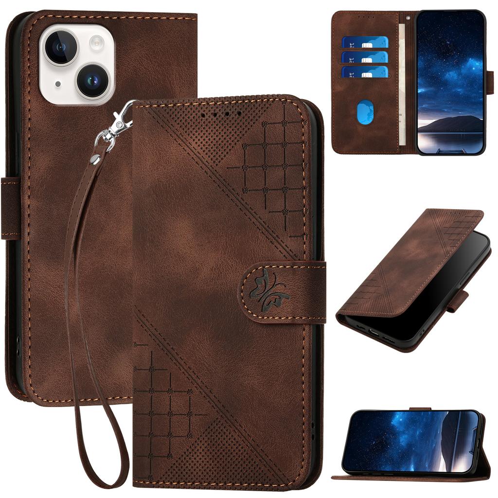 For iPhone 15 Leather Wallet Case Butterfly Flower Imprinted Phone Cover with Strap