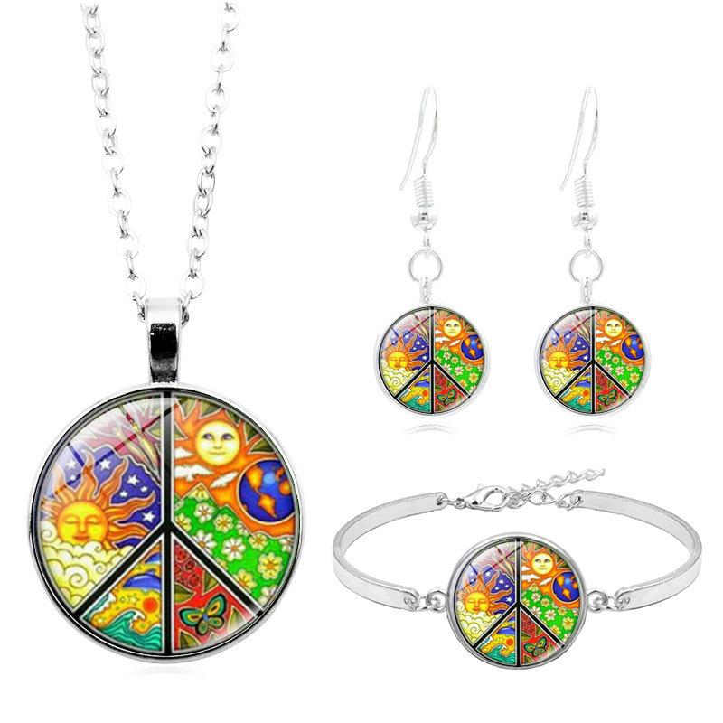 Friedenszeichen Zeit Edelstein Halskette Armband Ohrringe Dreiteiliges Schmuckset Geschenk