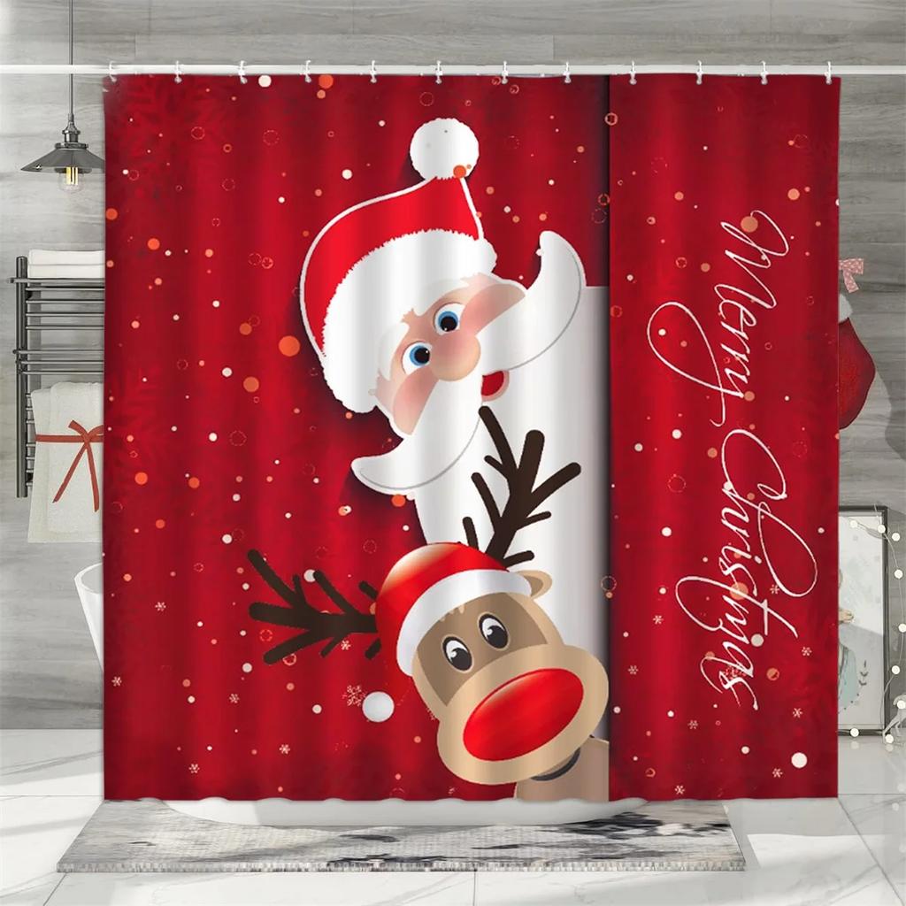 Christmas Shower Curtain, Winter Holiday Farm Snowman Santa Claus Christmas Tree Farmhouse Christmas Balls Bathroom Decorations