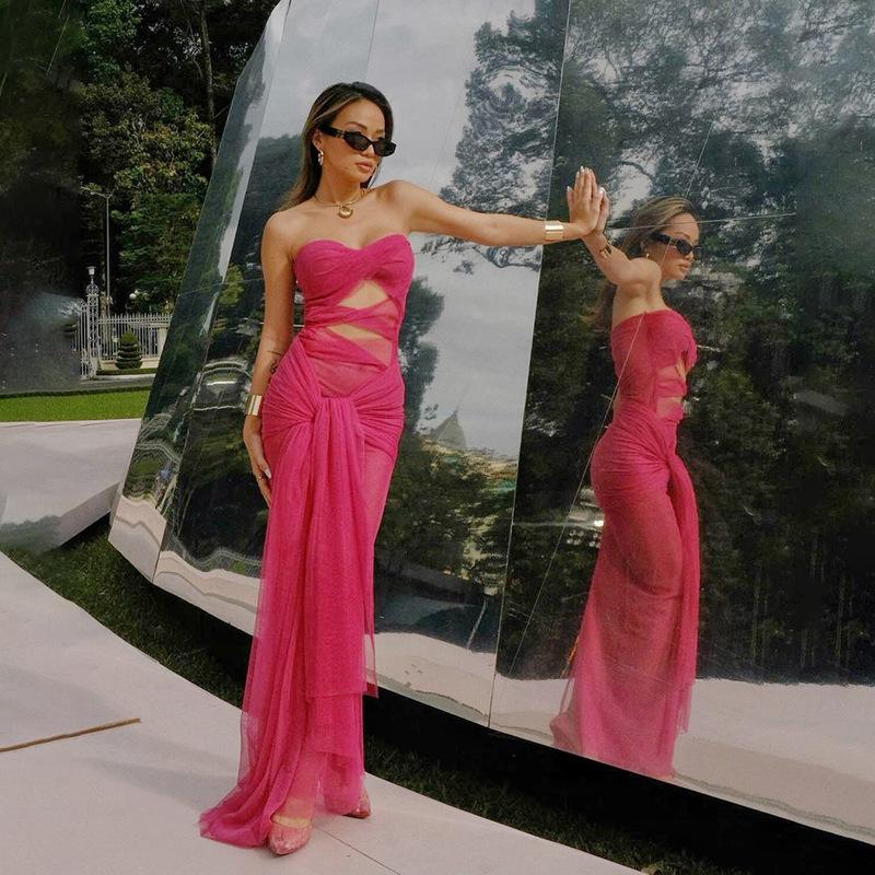 Spring New Women's Fashion Sexy Tube Top One-shoulder Perspective Strappy Slim Dress for Women