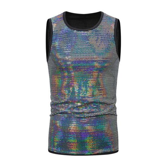 

Летний мужской жилет, блестящий металлический жилет без рукавов с круглым вырезом, облегающий, эластичный, средней длины, клубный, для выступлений, сценического шоу XL серебряный