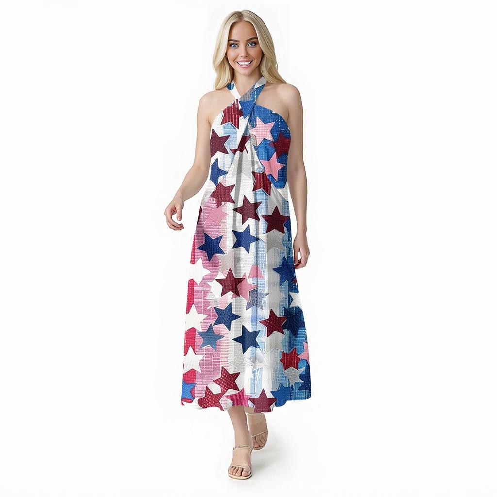 Family Matching Summer Outfits, Independence Day Prints Women Beach Dress, Girls Sundress, Men And Boys Button Down Shirt