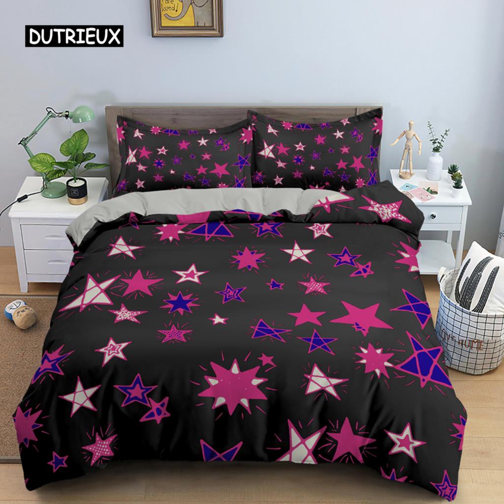 Colorful Stars Duvet Cover Set Microfiber Yellow Pink Stars Soft Bedding Set Single King Queen Twin Size 2/3pcs Comforter Cover