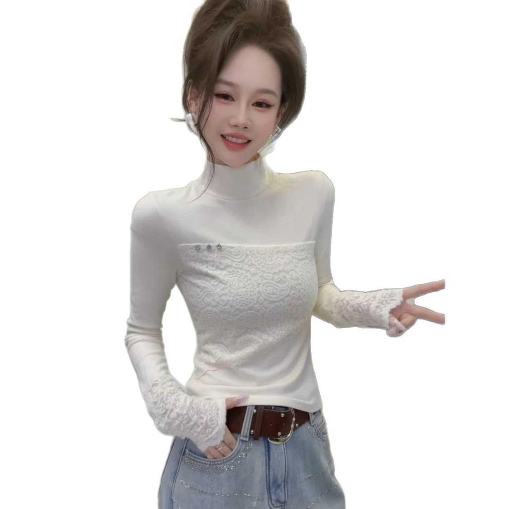 Plus Size Velvet Lace Stand Collar Long Sleeve Women's Autumn Winter Warm Top