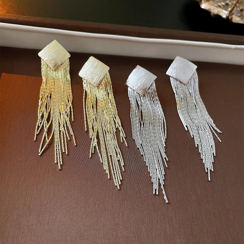 Rhombus metal tassel silver needle earrings personalized geometric temperament earrings