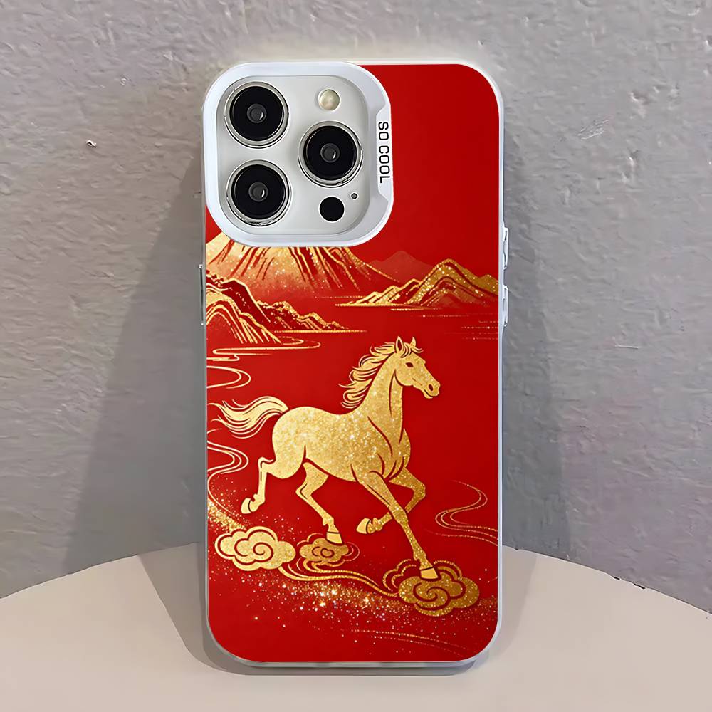 Fashion Chinese-Style Red Horse White Phone Case IMD Color Silver Shell For IPhone 17 16 15 14 13 12 11 Pro Max Plus