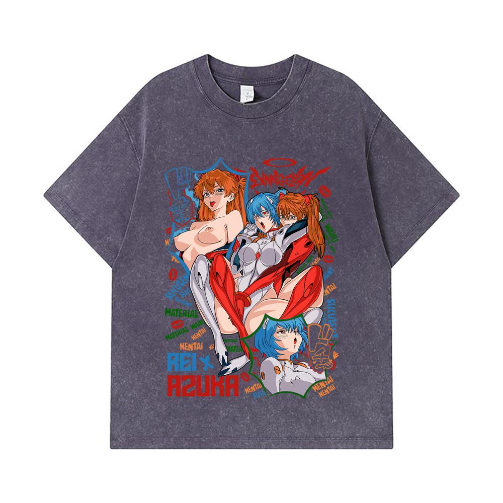 T-shirt Lavate 275 GSM 100% Cotone Evangelion V9 Asuka Rei Stampa Waifu Unisex T-shirt in Cotone Pesante