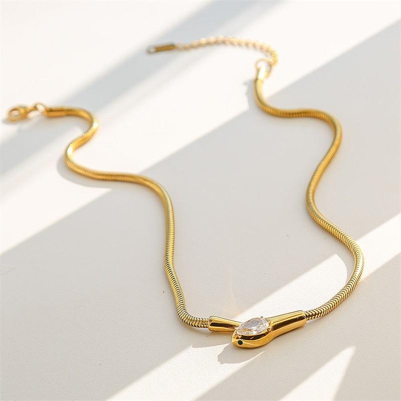 316L Stainless Steel Snakehead Shining Zircon Necklace Trendy Neck Chain Choker Collar Waterproof Jewelry For Women