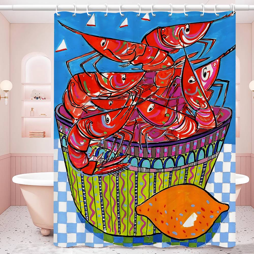 Colorful Sardine Lobster Fish Ocean Bathroom Curtain Classic Anime Fabric Shower Curtain With 12 Hooks Waterproof Bathroom Decor