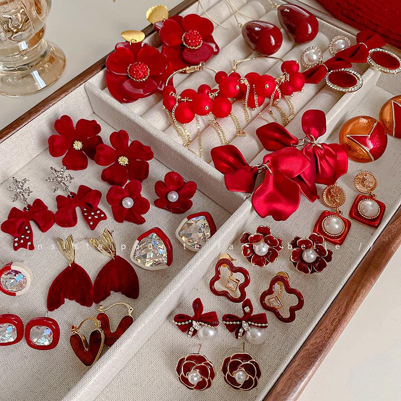 French Burgundy Love Petal Fringed Earrings Niche Fashion Trendy Stud Earrings Earrings Women