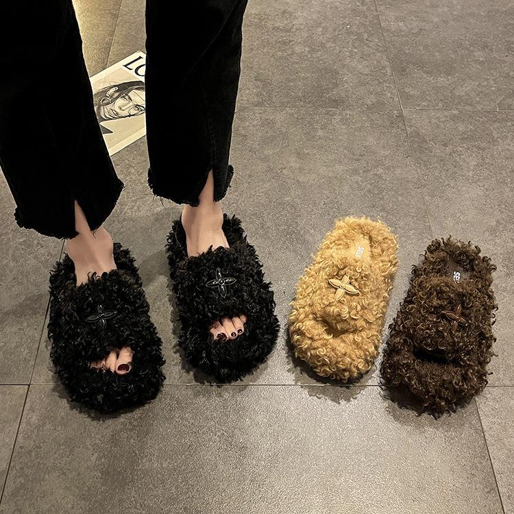 Vintage design cross fluffy slippers women autumn and winter dark clouds thick bottom versatile cute long curly slippers women