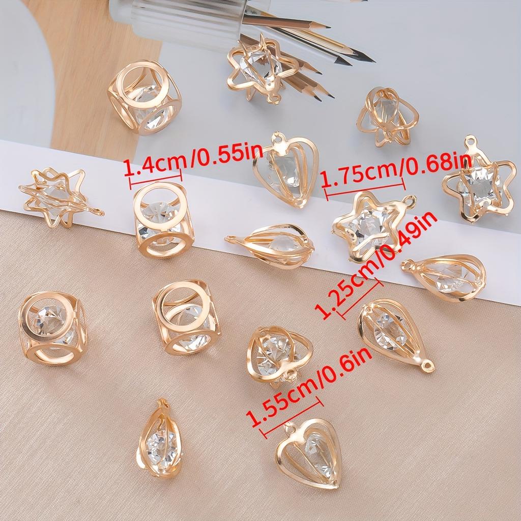 10pc Alloy Pendants KC Golden Rhinestone Inlaid Hollow Star Heart Love Charms for Earrings Necklaces DIY Jewelry Making Supplies
