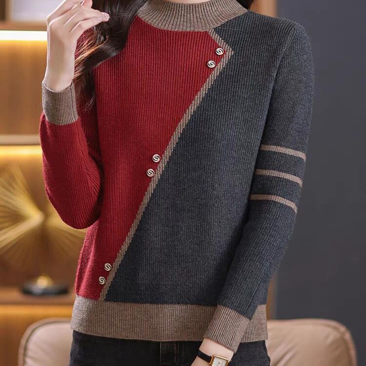 Maglione a collo alto a contrasto per donna da indossare in autunno e inverno. Nuova maglia base ispessita per l'inverno.
