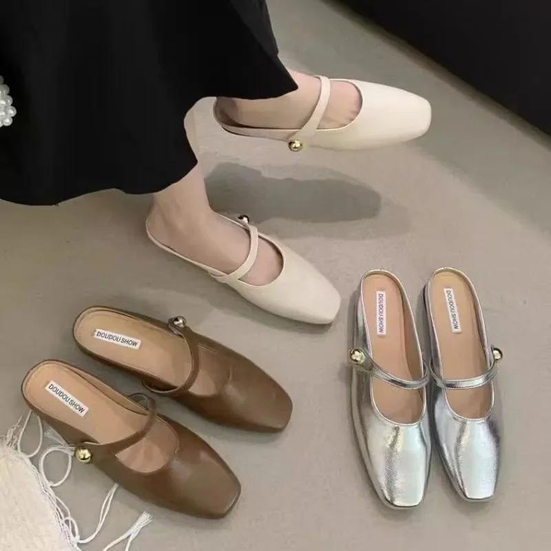 2025 High Quality Women's Shoes Spring Women's Slippers Square Toe Solid Low-heeled Work Dress Profession Office Slippers Women