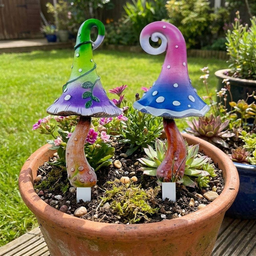 1 Pair Vintage Hand Painted Mushroom Potted Landscape Stake Outdoor Lawns