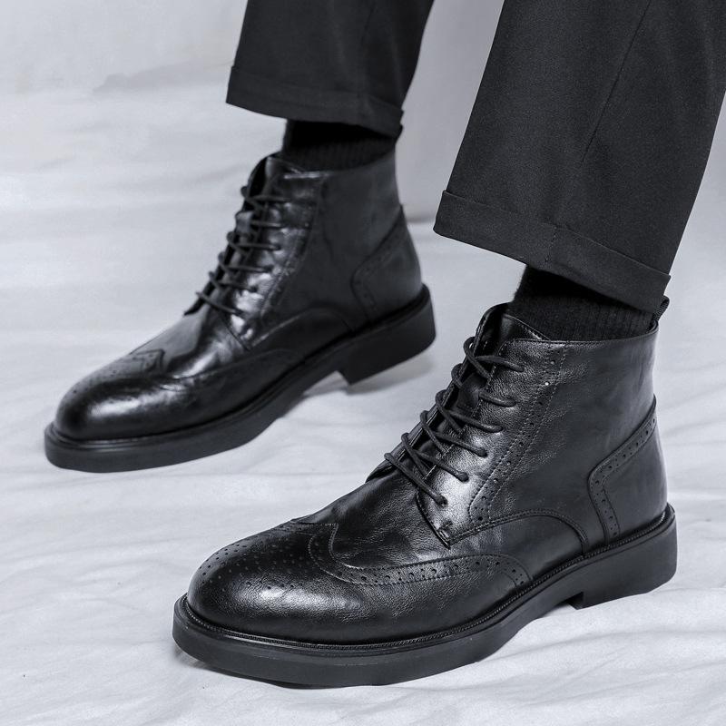 men's fashion genuine leather boots  designer carved brogue shoes black brown cowboy boot party banquet dress ankle botas