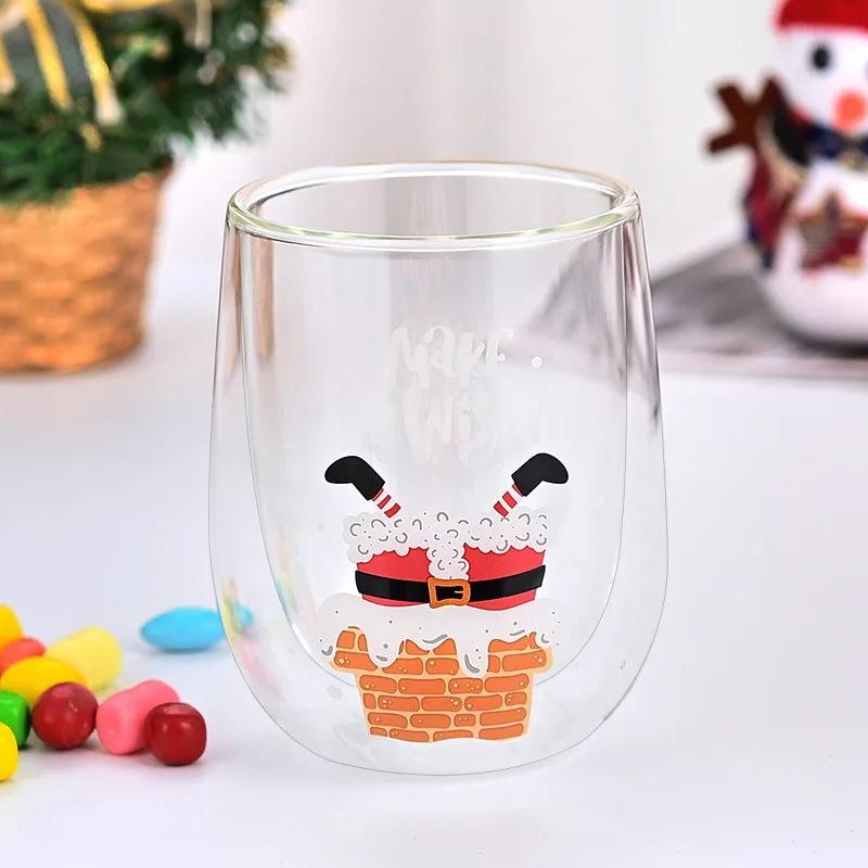 Weihnachtsglas Tasse Weihnachtsmann Muster Doppelwandige Kaffeetasse Frühstückswasserbecher für Kinder Zuhause/Büro Trinkgeschirr Weihnachtsgeschenke