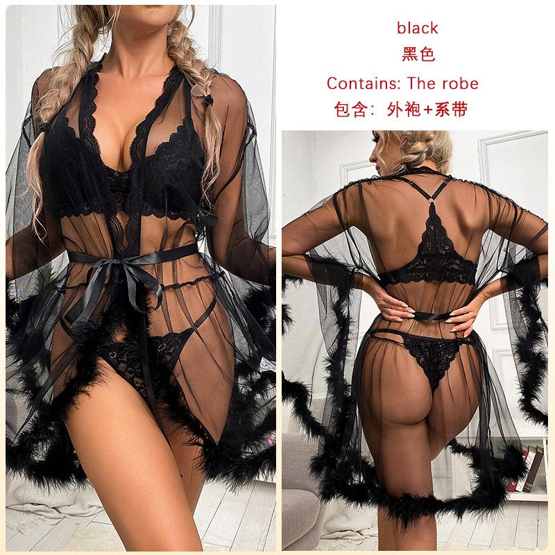European and American mesh lingerie passion nightgown sexy lace, black pajamas women tease robe S