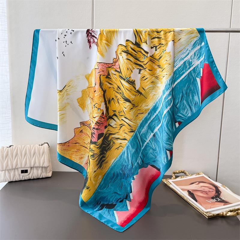 Abstract Color Block Simulation Silk Printing Large Square Scarf Silk Scarf Shawl Headscarf Beach Scarf Neck Protection Scarf Decorative Women'S Scarf