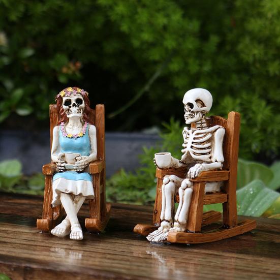 Skeleton Couple Figurine Resin Male And Female Skeleton Ornament Skeleton On Rocking