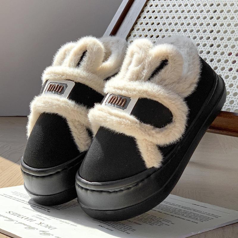 Rabbit ear cotton slippers winter 2025 new indoor home platform cute plush warm bag and cotton shoes outside wear