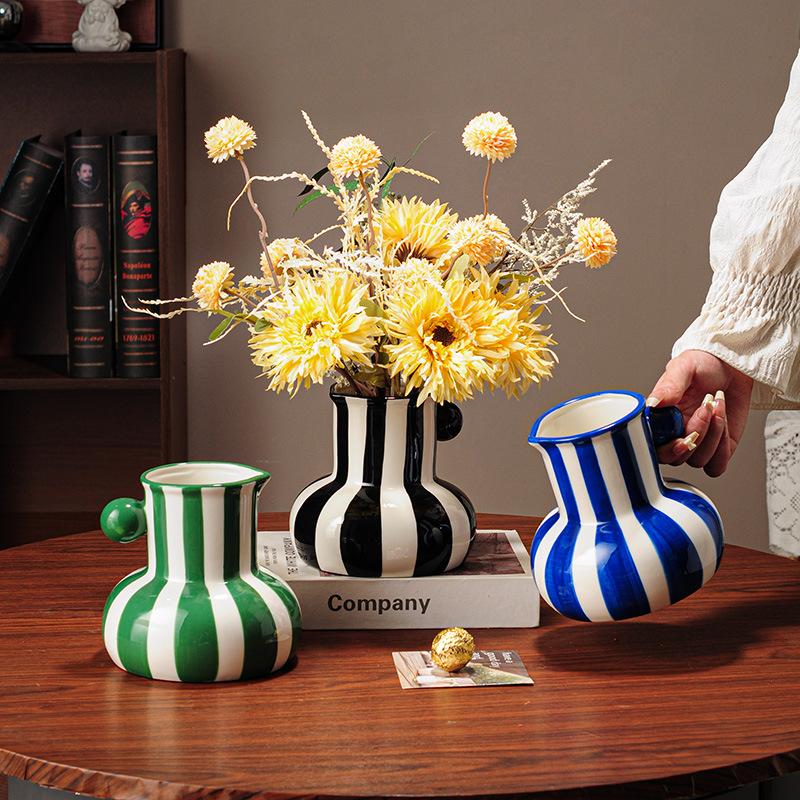 Ceramic Stripes Vase Flower Arrangement Chinese Retro Decoration Porcelain Bottle Flower Vase Home Decoration Accessories
