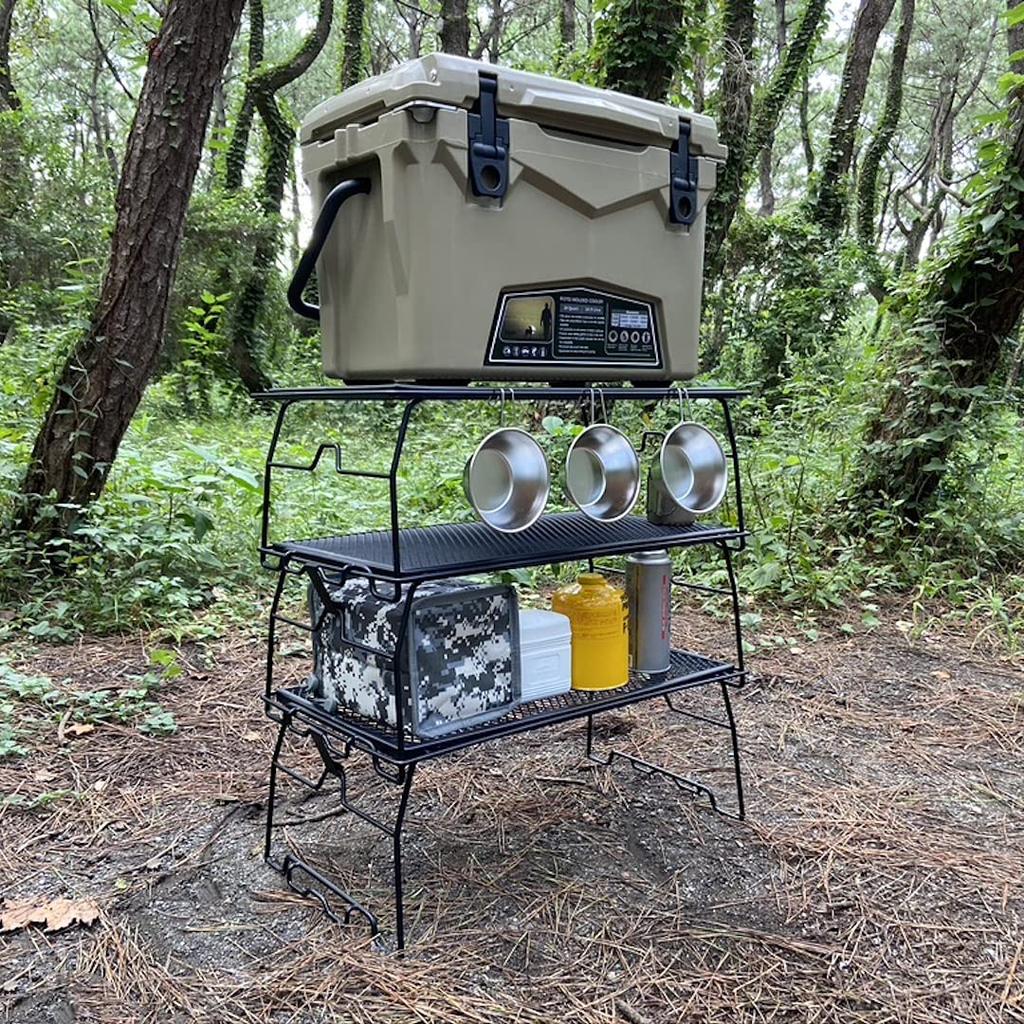 CAMPING MOON Stacking Rack Mesh Table Folding Rack Expanded Metal Table Black Black Gear 2 Piece (T-238-BK Set)