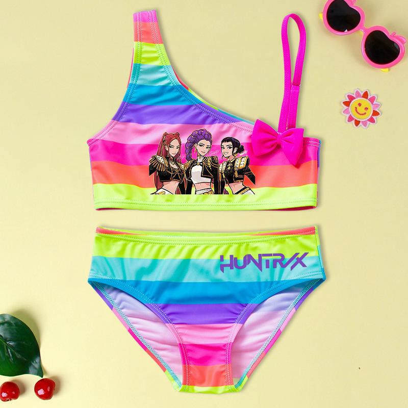 Two-Piece Demon Hunter Girls' Swimsuit - Cartoon Print Beachwear Set