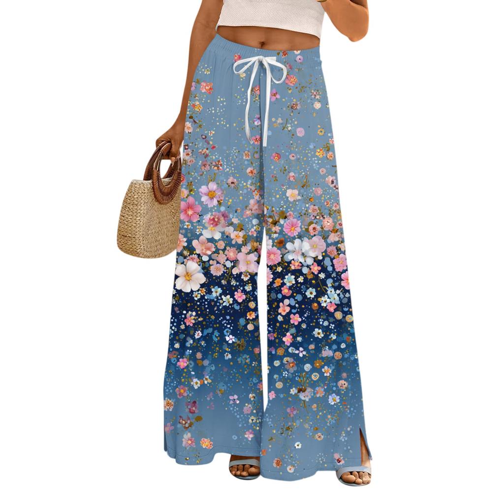 Women's Casual Wide Leg Pants Stretch Belt Pocket Floral Print Adjustable Tie Pants