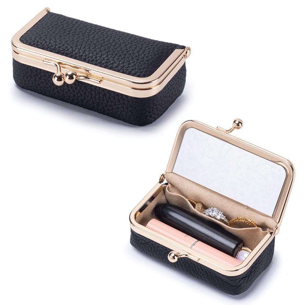 Avec Miroir de Maquillage Sac à Bijoux en Cuir Portable Fermeture Baiser Porte-Monnaie Sac à Maquillage Rangement pour Bijoux
