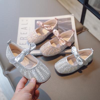 Children Princess Shoes Lovely Solid Color Bow 2024 All-season Versatile Flat Bottom Shiny Pearl Rhinestone Girls Mary Jane New