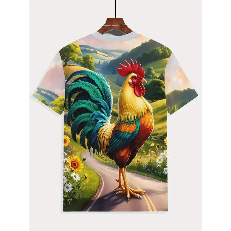 Men's 3D Rooster Printed T-shirt Humorous Digital Printed Short Sleeved T-shirt Breathable Polyester Round Neck Casual