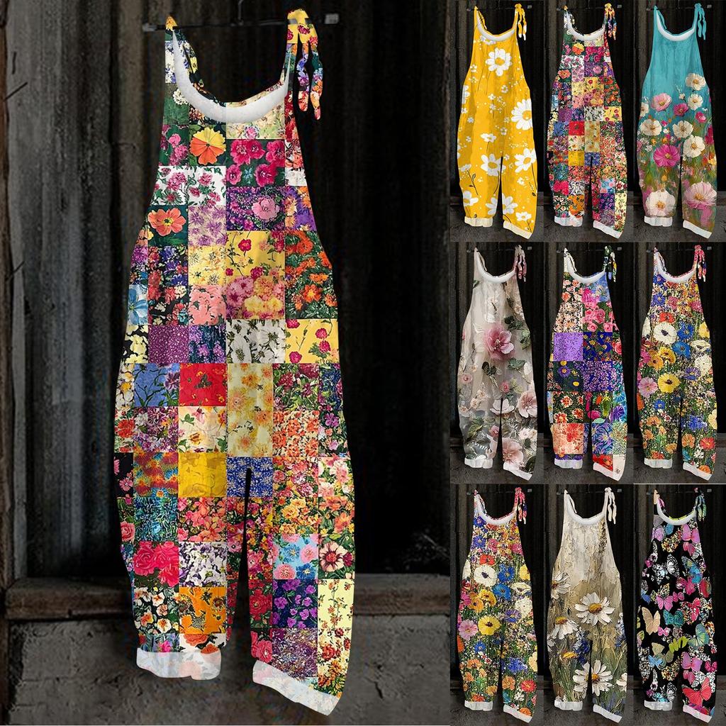Women's Jumpsuit Christmas Print  Casual Loose Vintage Shoulder Strap Cotton Linen