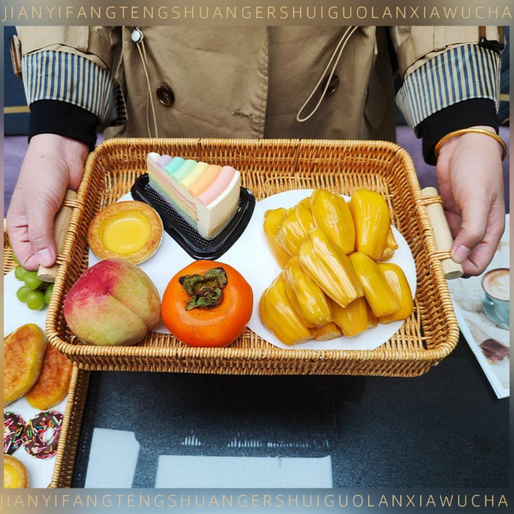 Wooden Handle Woven Rattan Basket Plastic Rattan Threads Woven Fruit Platter  Breakfast