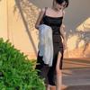Summer Black Irregular Draped Strap Midi Dress - French Sexy Slimming Split Design