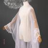 Sheer Tulle Long Cape With Butterfly Lace Cuffs Open Front Flowy Wrap Shawl For Hanfu Cosplay Wedding Photoshoot Outfit